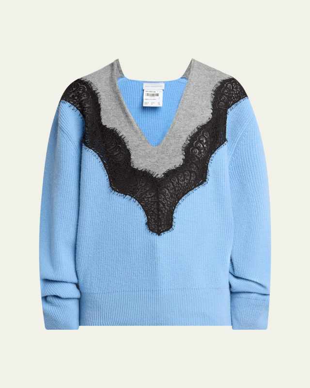 Colorblock Lace Insert V-Neck Ribbed Wool Sweat